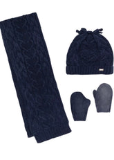 A dark navy blue winter accessory set including a cable-knit scarf, a knit beanie with a small front logo tab, and a pair of knit mittens.