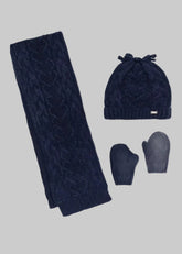 A dark navy blue winter accessory set including a cable-knit scarf, a knit beanie with a small front logo tab, and a pair of knit mittens.