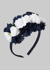 Mayoral Grls Navy and white floral headband on a dark headband base.