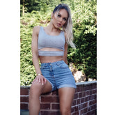 Cut Out Front Rib Knit Crop Top Grey