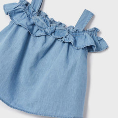 Girls Denim Strap Blouse with Bow