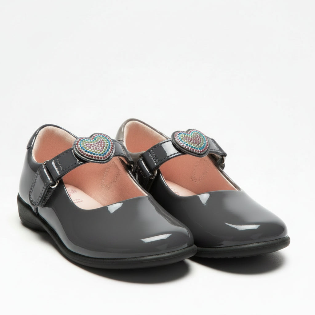 LELLI KELLY Valentina Heart Grey Patent leather shoes with interchangeable straps. Diamante heart, black bow and Lelli Kelly writing.