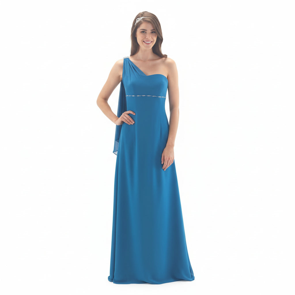 LINZI JAY Ladies Chiffon one shoulder full length bridesmaid/flower girls dress. There is a beaded band under the bust and a beaded motif on the shoulder flowing into a chiffon swathe over the shoulder
