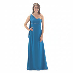 LINZI JAY Ladies Chiffon one shoulder full length bridesmaid/flower girls dress. There is a beaded band under the bust and a beaded motif on the shoulder flowing into a chiffon swathe over the shoulder
