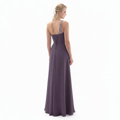 LINZI JAY Ladies Full length lavender chiffon dress with one shoulder beaded lace top. Lace up back. 