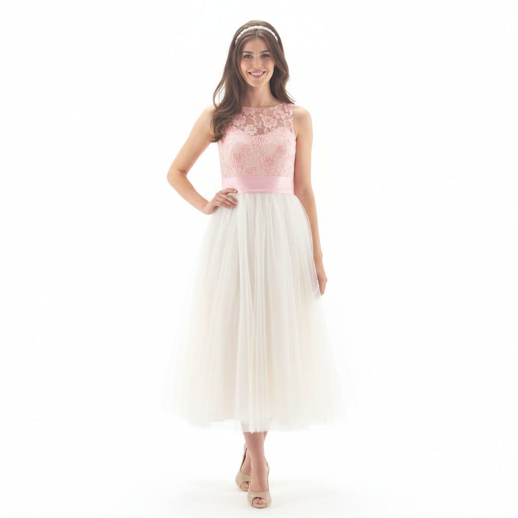 LINZI JAY Girls tea length dress with lace bodice and tulle overlay skirt. Satin pleated waistband. Zip fastening up back.