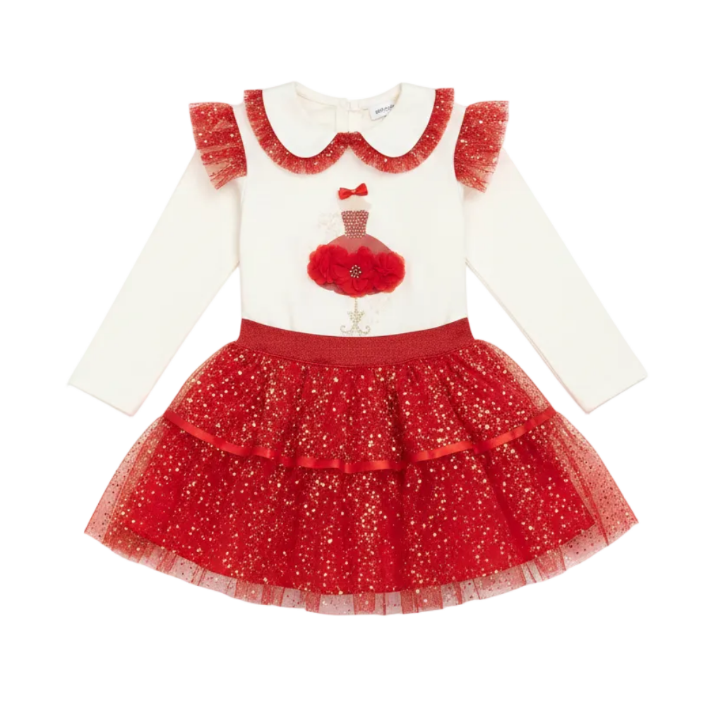 Fashion Day Dreams Skirt Set by Caramelo Kids brings playful elegance to any occasion. This vibrant red ensemble features delicate ruffles and eye-catching sparkle detail. 