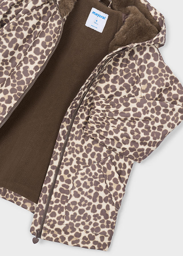 Mayoral children's hooded jacket with a brown and beige leopard print pattern, and a brown fleece interior lining. 