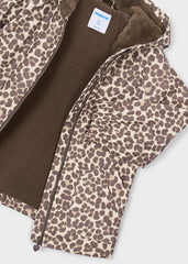 Mayoral children's hooded jacket with a brown and beige leopard print pattern, and a brown fleece interior lining. 