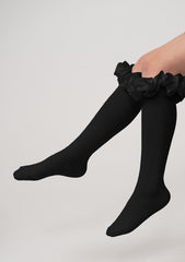 CARAMELO Ruffle Ribbon Knee Length Socks Black