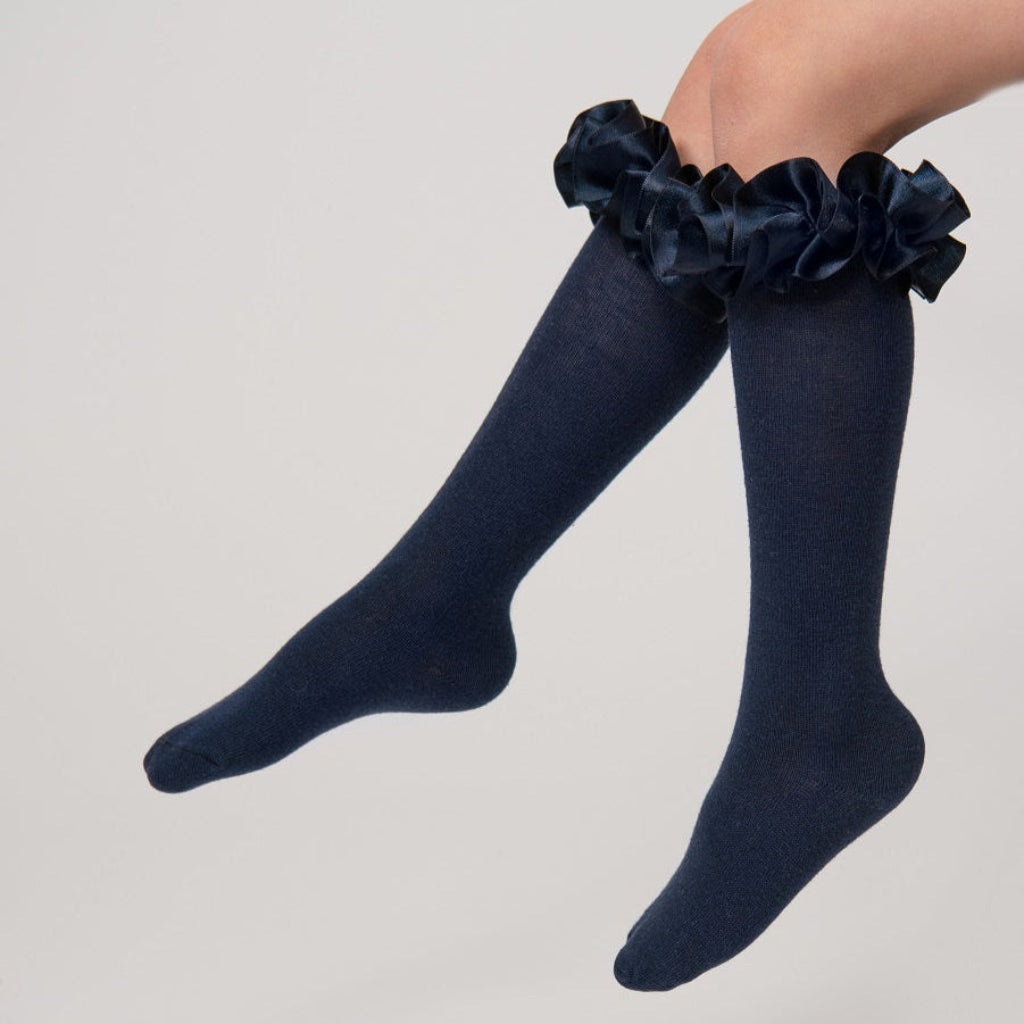 CARAMELO Ruffle Ribbon Knee Length Socks Navy