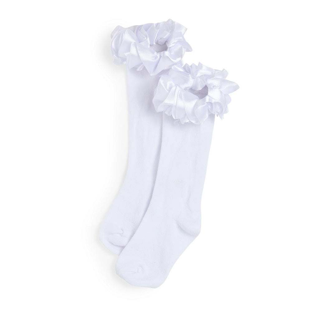CARAMELO Ruffle Ribbon Knee Length Socks White