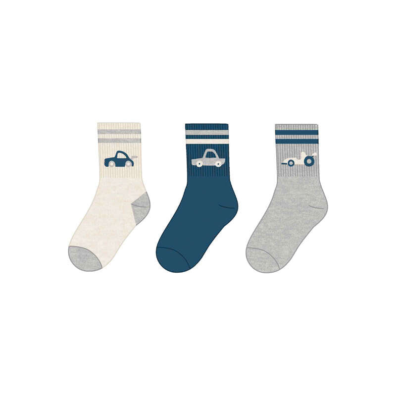 Mayoral baby boys striped socks set featuring playful car motifs across three pairs in white, blue, and grey.
