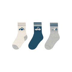 Mayoral baby boys striped socks set featuring playful car motifs across three pairs in white, blue, and grey.