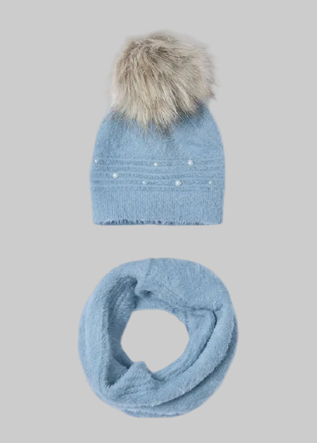 Mayoral Girls Fur Hat Scarf Set Pale Blue