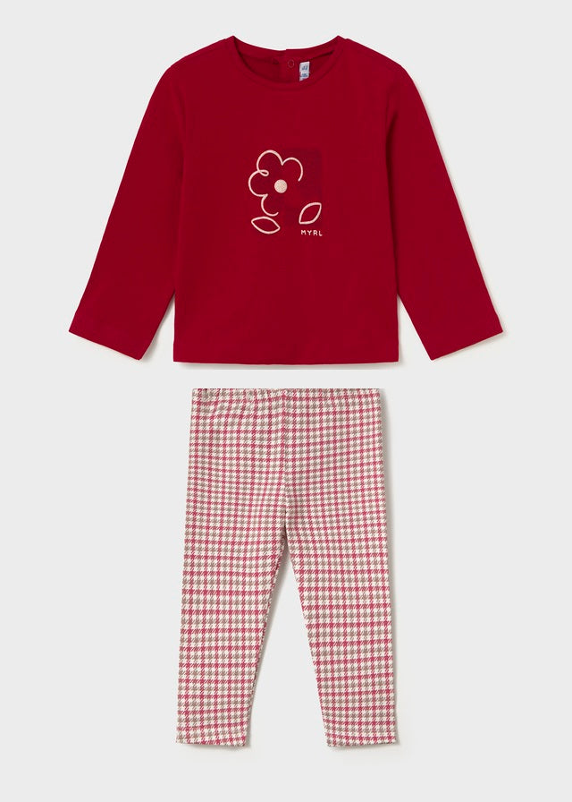 Mayoral A two-piece children's set featuring a long-sleeve top in deep red with a white line-art flower graphic on the chest, paired with matching red and white gingham checkered pants.