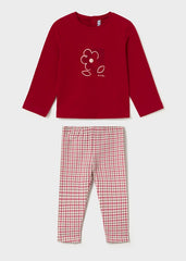 Mayoral A two-piece children's set featuring a long-sleeve top in deep red with a white line-art flower graphic on the chest, paired with matching red and white gingham checkered pants.