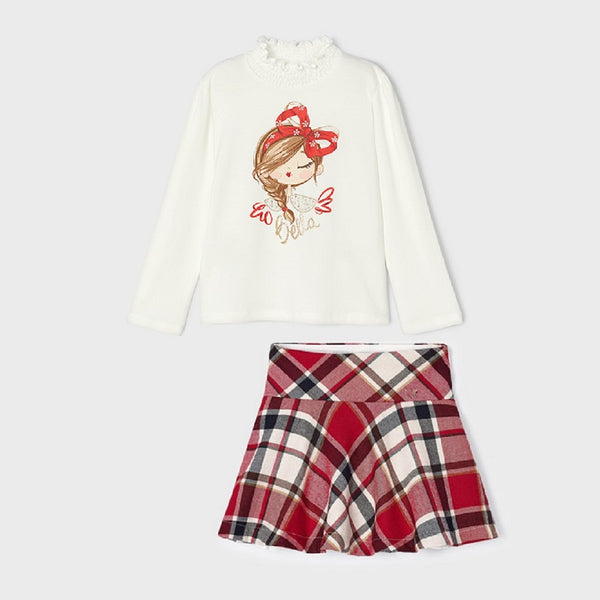 Girls Shirt with Check Skirt Red