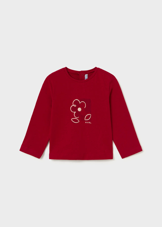 Mayoral A two-piece children's set featuring a long-sleeve top in deep red with a white line-art flower graphic on the chest, paired with matching red and white gingham checkered pants.