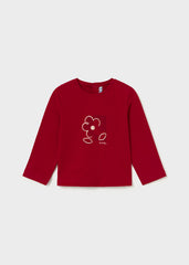 Mayoral A two-piece children's set featuring a long-sleeve top in deep red with a white line-art flower graphic on the chest, paired with matching red and white gingham checkered pants.