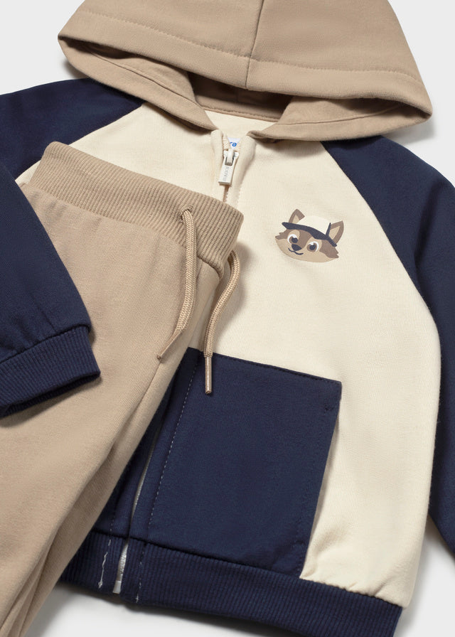 Mayoral Baby Boys 2 Pants Tracksuit Set in soft blue. Features a cosy sweatshirt paired with two plush joggers for versatile everyday wear.