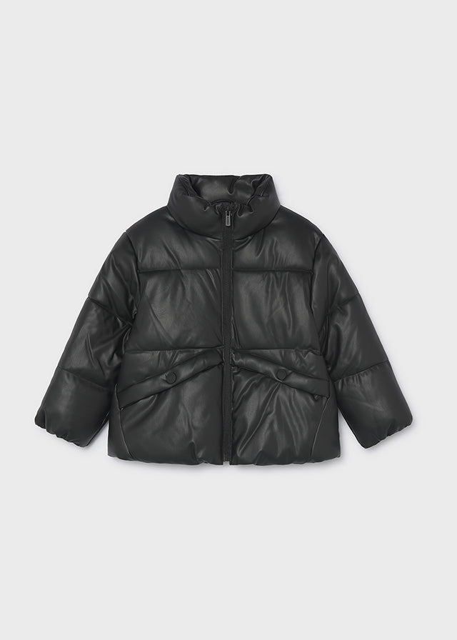 Mayoral Girls Padded Jacket in Black. Durable polyurethane and polyester exterior with soft polyester lining and filling for warmth and comfort.