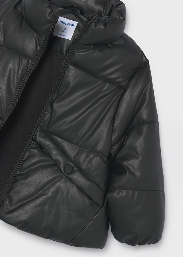 Mayoral Girls Padded Jacket in Black. Durable polyurethane and polyester exterior with soft polyester lining and filling for warmth and comfort.
