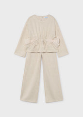 Mayoral Girls Knit Trouser Set in soft beige tones. A coordinated two-piece outfit featuring a comfortable knit construction, perfect for any occasion.