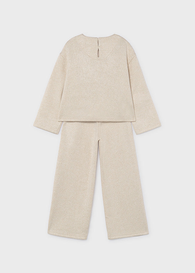 Mayoral Girls Knit Trouser Set in soft beige tones. A coordinated two-piece outfit featuring a comfortable knit construction, perfect for any occasion.