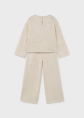 Mayoral Girls Knit Trouser Set in soft beige tones. A coordinated two-piece outfit featuring a comfortable knit construction, perfect for any occasion.