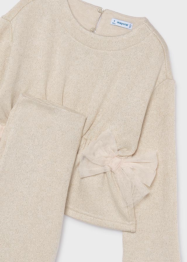 Mayoral Girls Knit Trouser Set in soft beige tones. A coordinated two-piece outfit featuring a comfortable knit construction, perfect for any occasion.