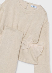 Mayoral Girls Knit Trouser Set in soft beige tones. A coordinated two-piece outfit featuring a comfortable knit construction, perfect for any occasion.