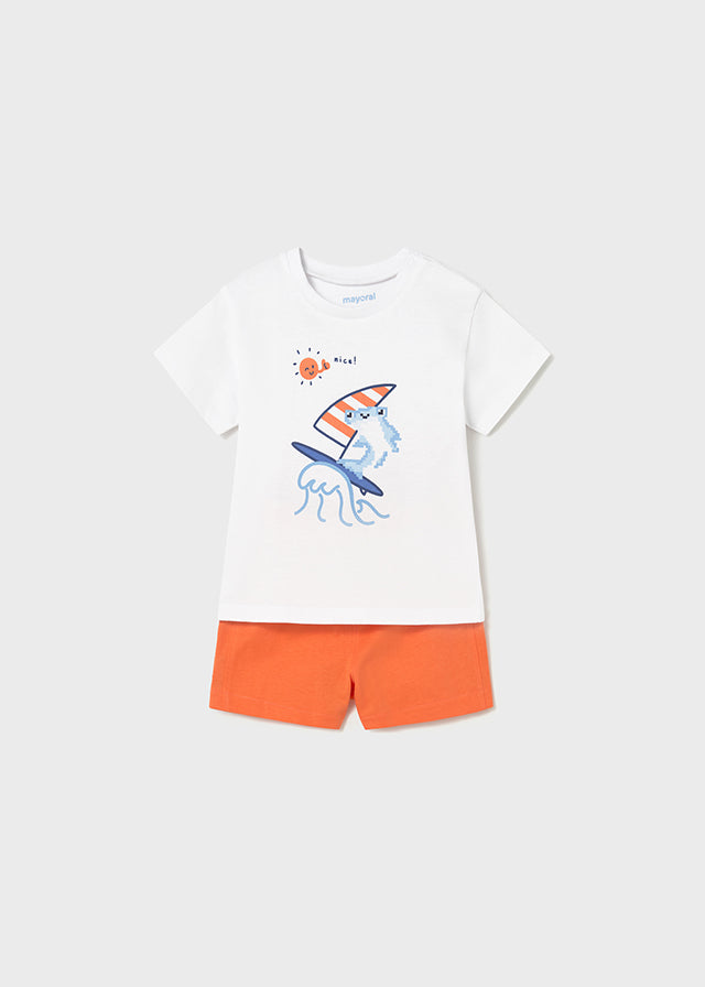 Mayoral Toddlers outfit with a white t-shirt and orange shorts