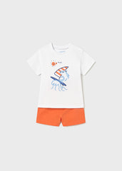 Mayoral Toddlers outfit with a white t-shirt and orange shorts