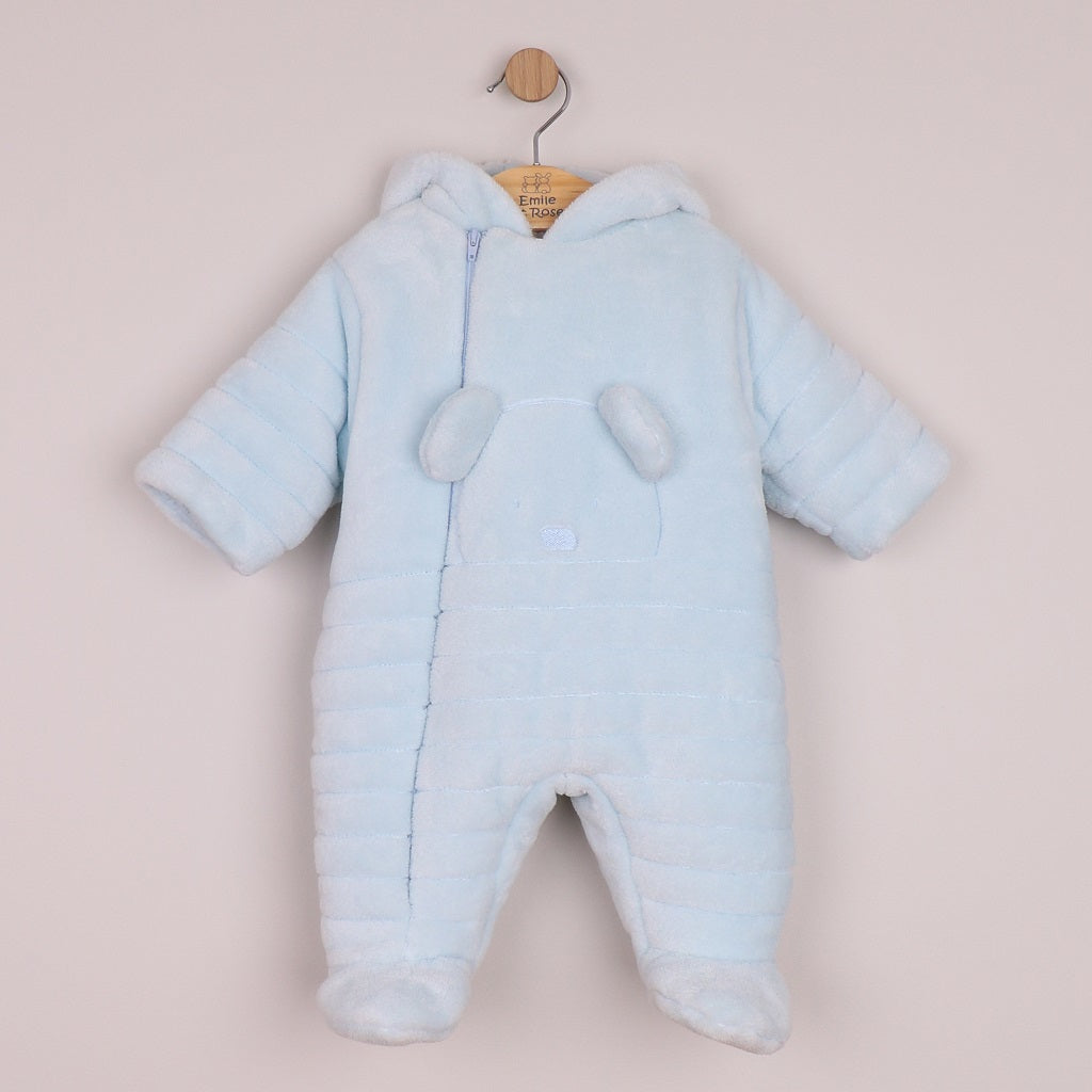 EMILE et ROSE ABEL This warm and snuggly pramsuit in pale blue, deep pile fleece is very cosy with padding and jersey lining. 