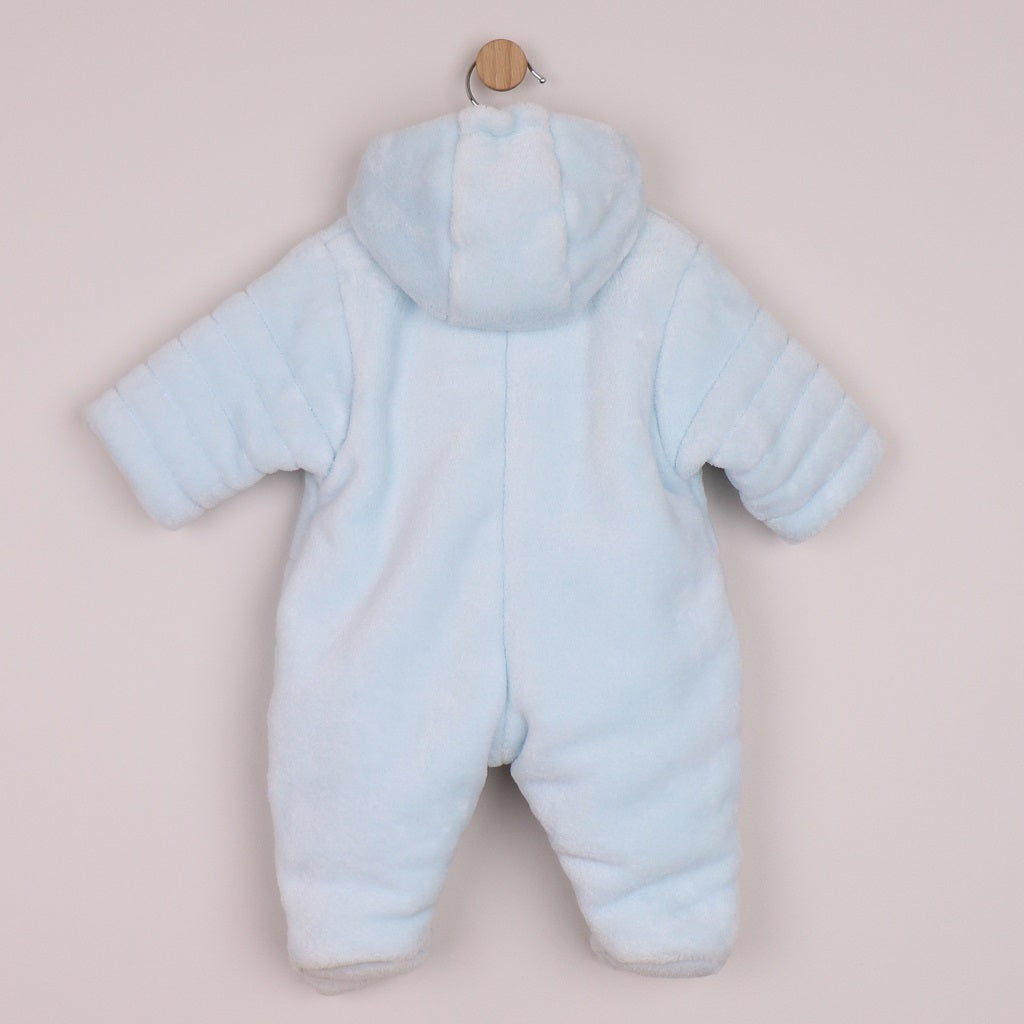 EMILE et ROSE ABEL This warm and snuggly pramsuit in pale blue, deep pile fleece is very cosy with padding and jersey lining. 