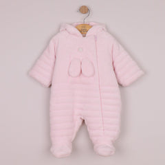 Emile et Rose. This warm and snuggly pramsuit in pale pink, deep pile fleece is very cosy with padding and jersey lining. A full length concealed zip from the neck to ankle allows easy access for dressing