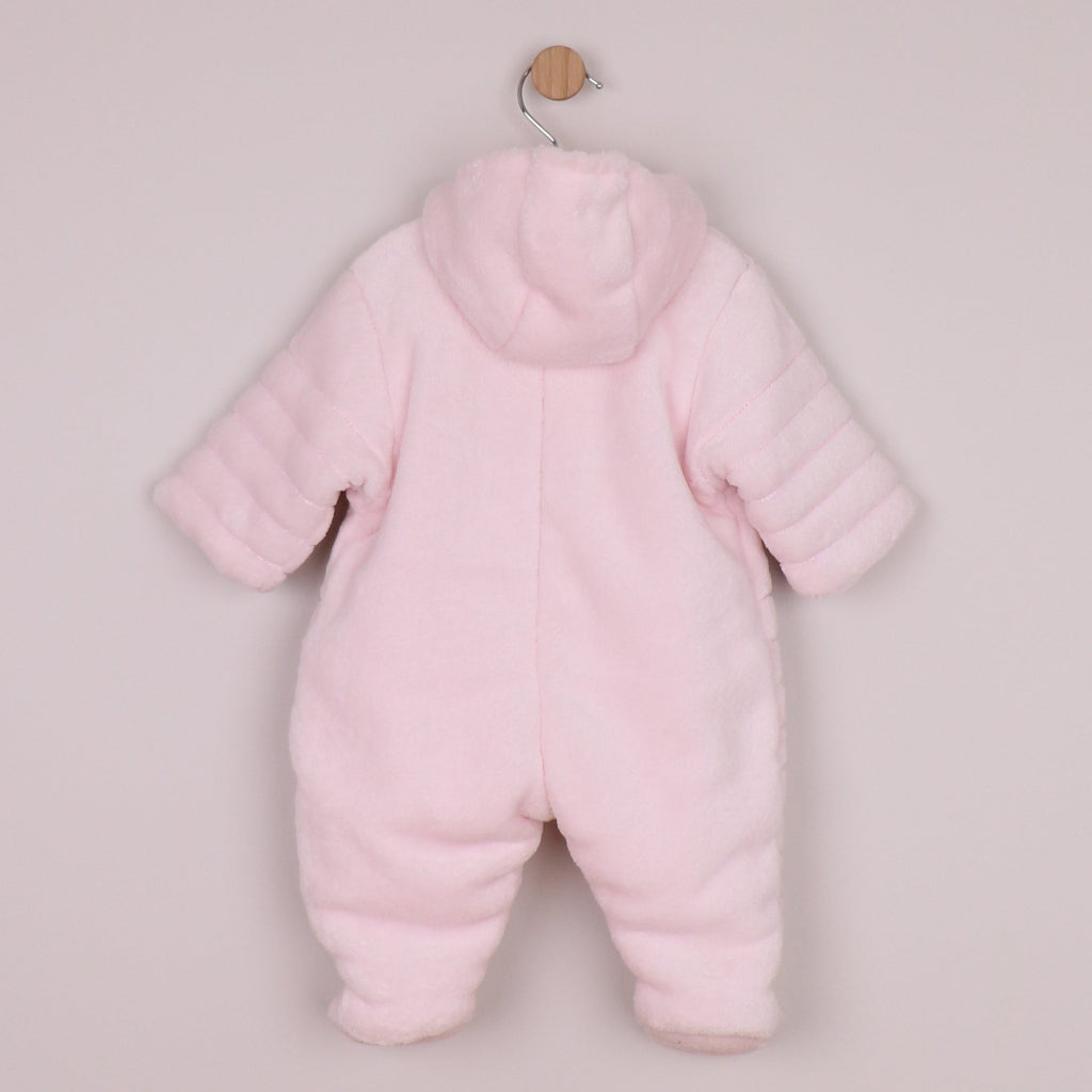 Emile et Rose. This warm and snuggly pramsuit in pale pink, deep pile fleece is very cosy with padding and jersey lining. A full length concealed zip from the neck to ankle allows easy access for dressing