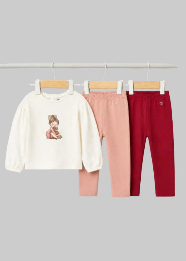 Mayoral Baby Girls Long Sleeve Graphic T-Shirt with pink and red leggings.