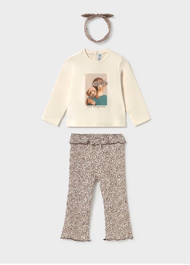 Mayoral baby girls long sleeved t-shirt with headband paired with ribbed flare leggings in chocolate with leopard print.