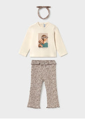 Mayoral baby girls long sleeved t-shirt with headband paired with ribbed flare leggings in chocolate with leopard print.