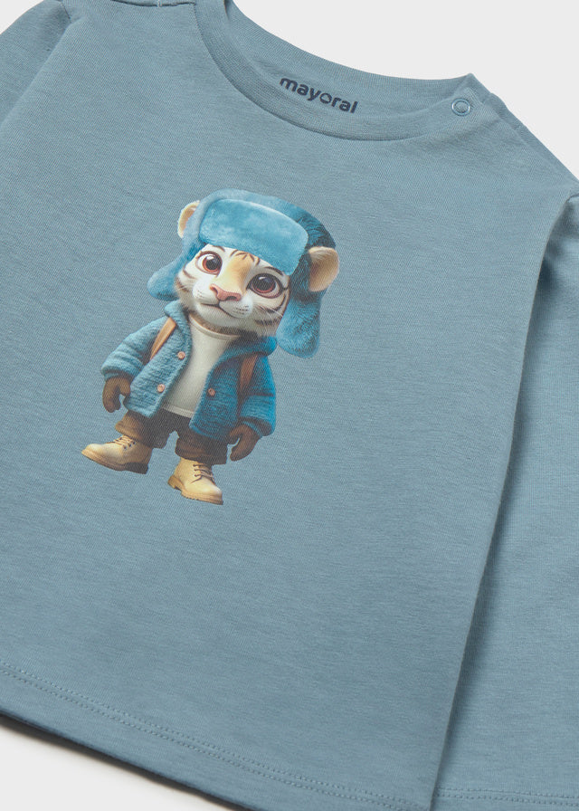 Mayoral Baby Boys Soft cotton long-sleeve tee featuring a playful tiger print. Perfect for layering or everyday wear in a cool arctic blue shade.