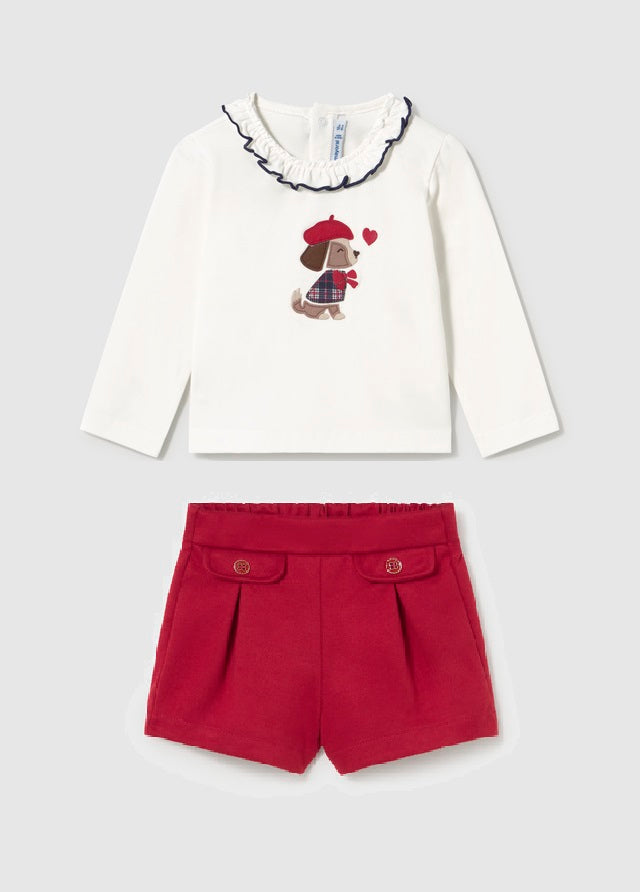 Mayoral baby girls long-sleeved tee with coordinating red twill shorts.