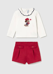 Mayoral baby girls long-sleeved tee with coordinating red twill shorts.