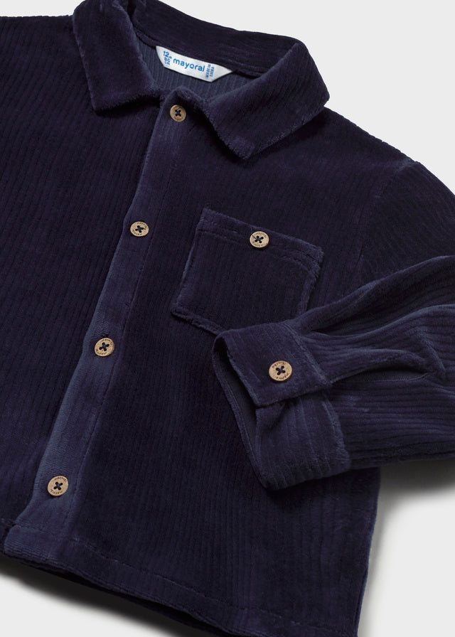 Mayoral Baby Boys Knit Overshirt in dark blue. Crafted from a comfortable cotton-blend fabric with a touch of stretch for easy movement. Perfect for layering or wearing solo.