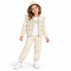Girls cream 3 piece tracksuit featuring diamante bows across the zipper and t-shirt with coordinating coloured bottoms. Perfect for everyday wear or casual occasions.