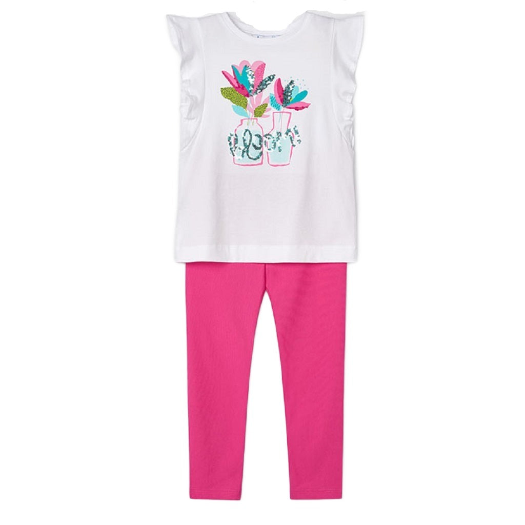 Mayoral Girls Sequin Bloom T-Shirt with fuchia leggings.