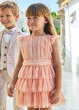Girls Peach Pearl Pleated Tulle Dress