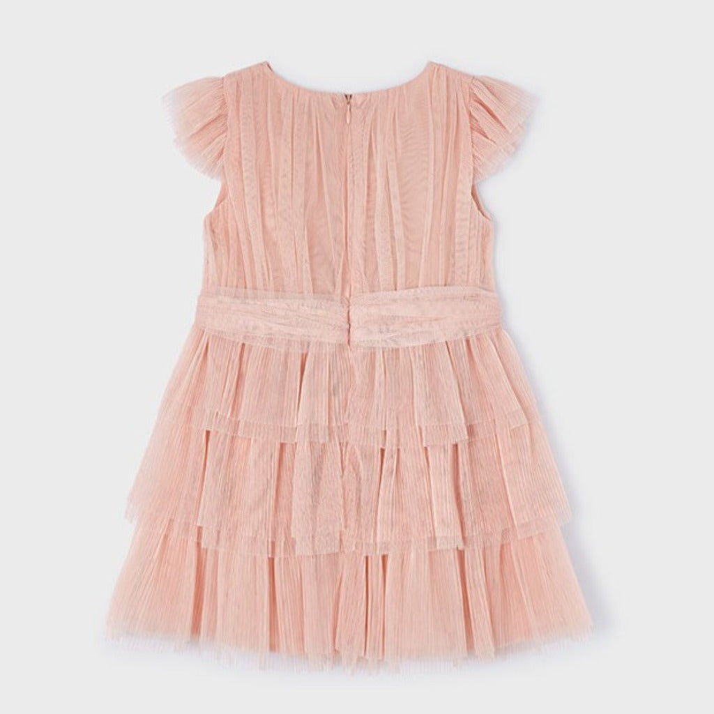 Girls Peach Pearl Pleated Tulle Dress