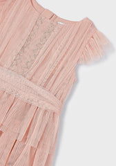 Girls Peach Pearl Pleated Tulle Dress